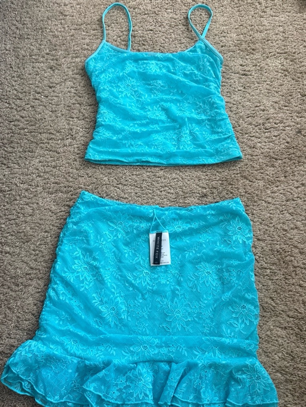 White Fox Boutique Turquoise Lace Cami & Ruffle Mini Set